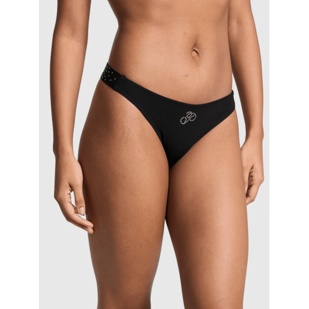 Victoria's Secret "Thong Pure Black Diamante Waistband" kelnaitės